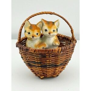 Vintage Bone China Japan Kittens In Rattan Woven Basket. Decorative Piece